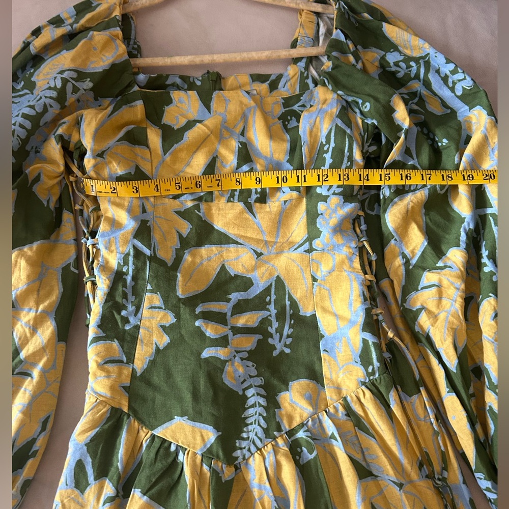 NWT FARM Rio Olive Green Mini Dress with Yellow & Light Blue Floral Print - Picture 3 of 7